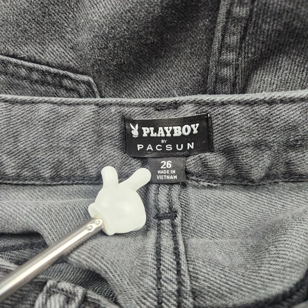 Playboy by PacSun Womens Washed Black Straight Leg Slit Hem Logo Jeans Size‎ 26